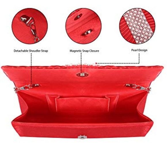 Red Satin Pearl and Diamond Handbag Clutch Purse - Picture 4 of 5